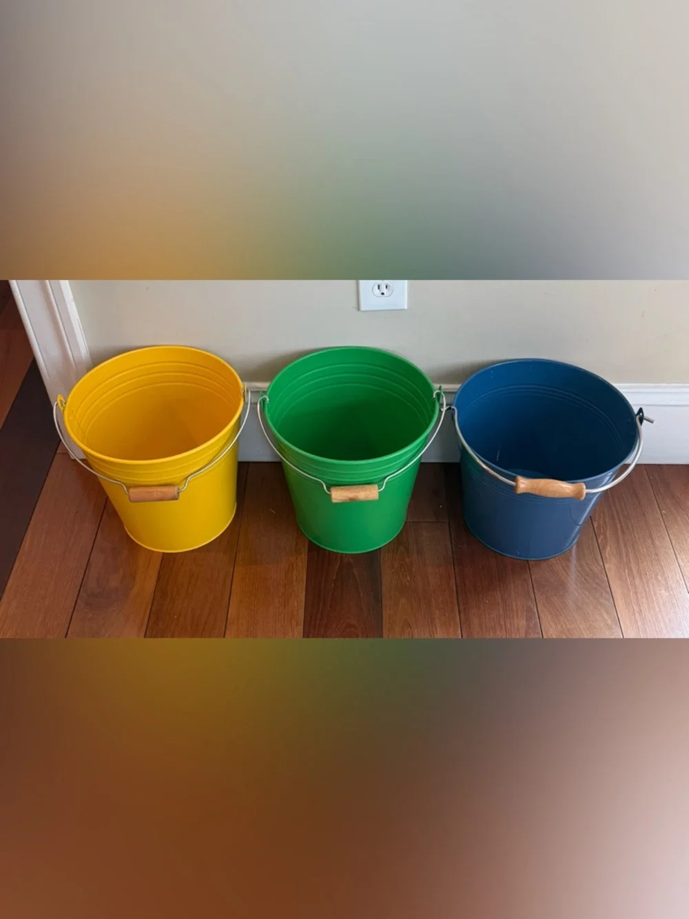 IKEA Yellow, Green, and Blue Metal Buckets with Wooden Handles